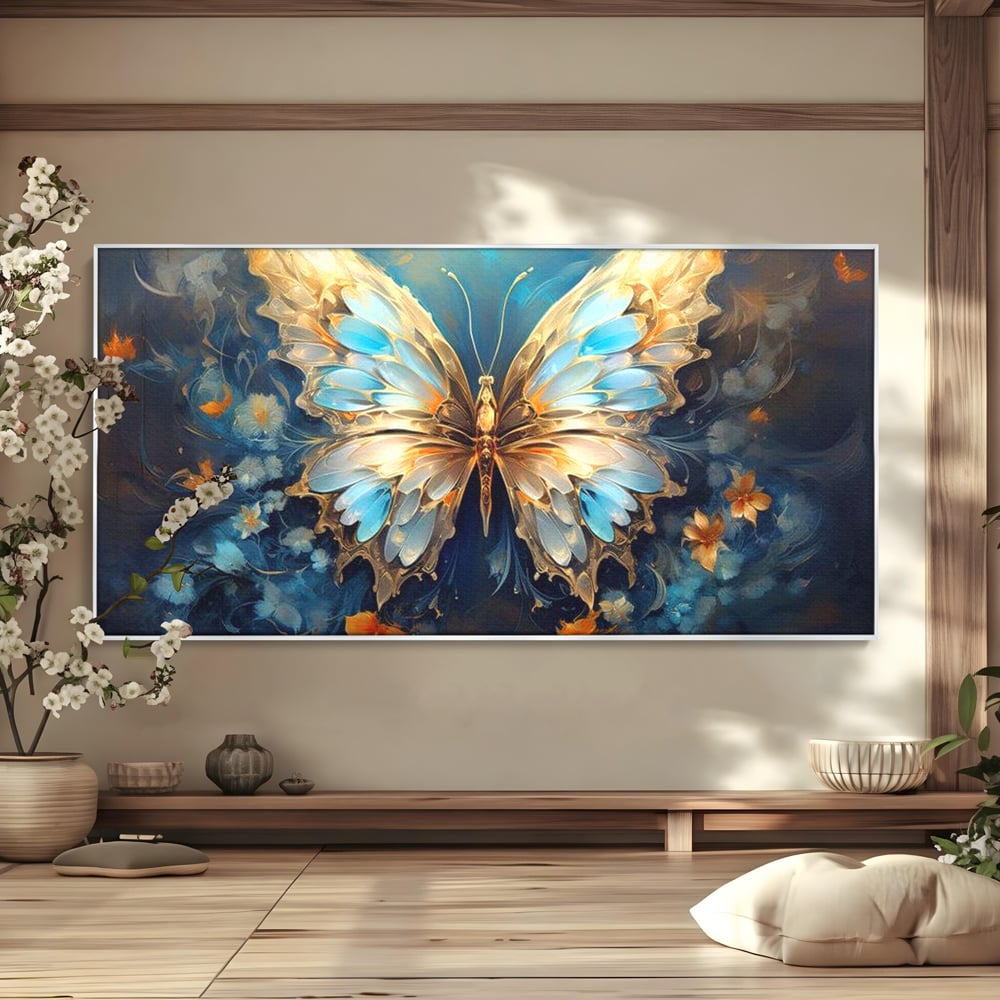 Tablou canvas cu tablou canvas cu fluture si flori, in rama de aluminiu argintiu